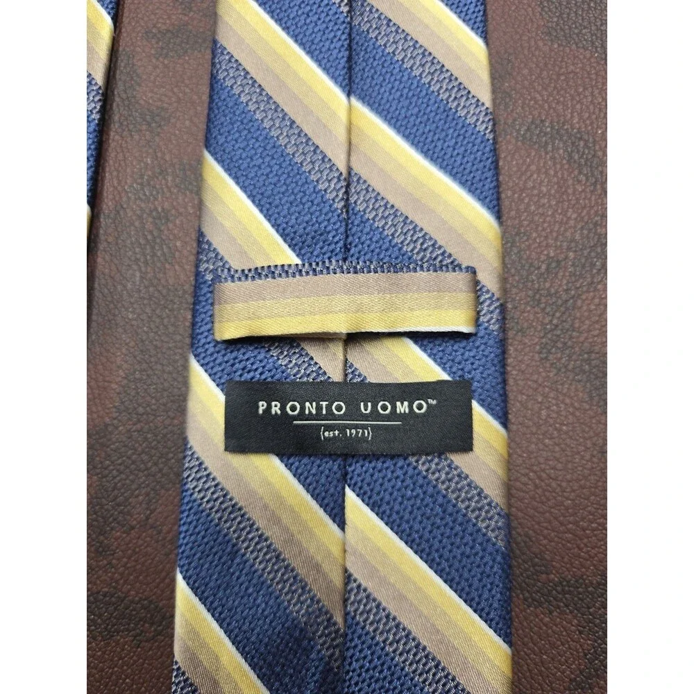 Pronto Uomo 100% Silk Tie Yellow Blue Repp Striped Career Suit Prom Neck Necktie
